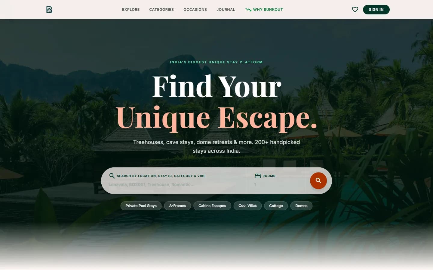 The Bunkout homepage: "Find Your Unique Escape" over a tropical resort, with a stay search bar and category filters.
